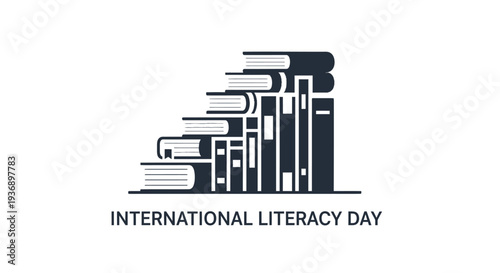 International Literacy Day illustration with stacked books symbolizing education and reading.