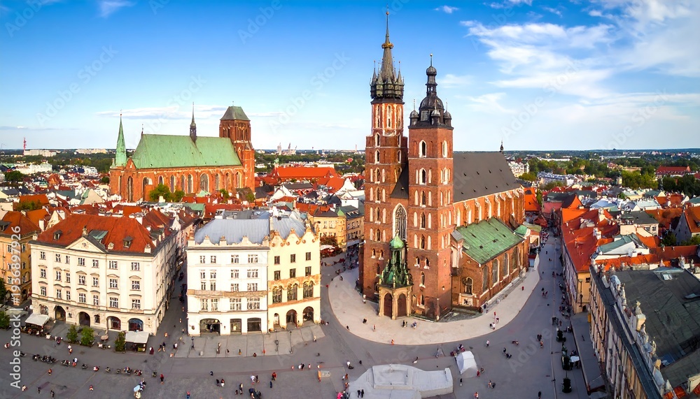 Obraz premium An aerial shot showcases a historic European town square with ornate churches and buildings, filled with architectural details and vibrant colors