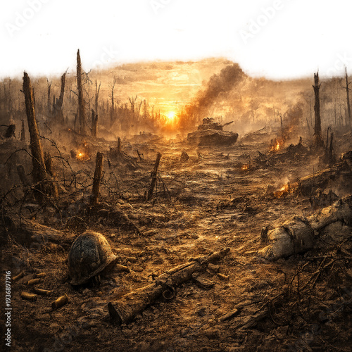 desolate battlefield at dawn, abandoned battlefield sunrise scene, war torn landscape at sunrise, empty battlefield with morning light, aftermath of battle dawn illustration, dramatic battlefield sunr