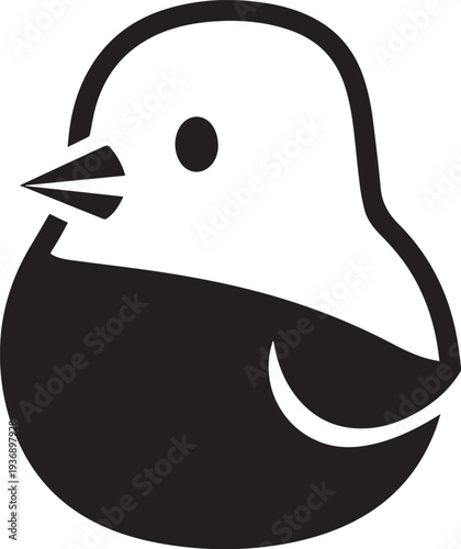 A simple, black silhouette of a chick is depicted against a white background. The chick has a rounded head, a small eye, a beak, and a fluffy body.