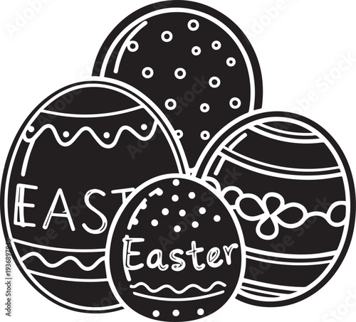 A collection of Easter eggs is displayed. The eggs are decorated with various patterns and colors.