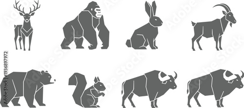 Geometric wild animal silhouettes set including deer, gorilla, rabbit, goat, bear, squirrel and bison, polygon style wildlife icons isolated on white background