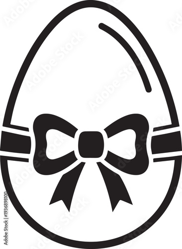 A stylized black and white egg with a decorative bow. The egg has a smooth, oval shape with a slight curve at the top and bottom.