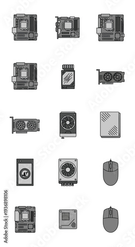 Fifteen distinct computer hardware components, including motherboards, RAM, graphics cards, and mice, are arranged on a white background.