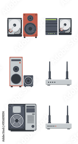 Six distinct pairs of computer hardware components, including hard drives, speakers, servers, and routers, are arranged on a white background.
