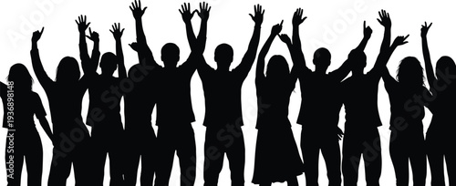 Black silhouette vector illustration of a diverse crowd of people standing together with arms raised in celebration success and community