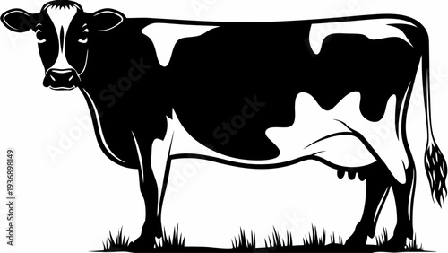 Majestic black and white cow standing in grassy field