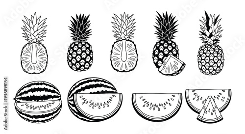 Black and white illustration depicting pineapples and watermelon slices