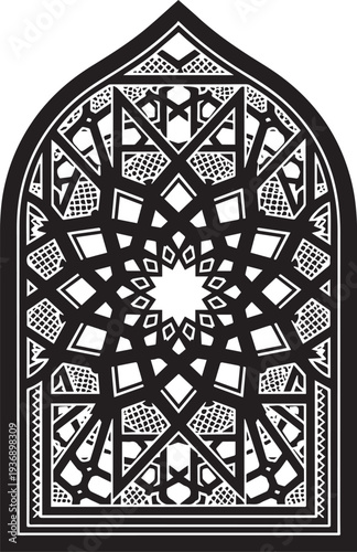 A black and white ornate window displays a complex geometric pattern. The window features a pointed arch and intricate designs, resembling Islamic architecture.