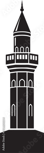 A tall, black silhouette of a minaret stands prominently against a white background. The minaret features a pointed spire, multiple windows, and a square base.