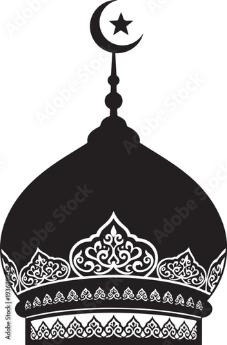 A black silhouette of a mosque dome with a crescent moon and star adornment. The dome features intricate decorative patterns and a stylized border.