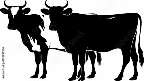 Two black cows standing side by side in silhouette