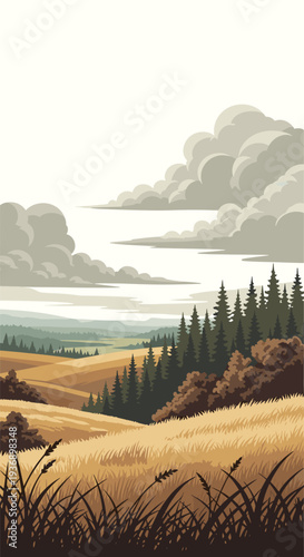 A pixel art landscape portrays rolling golden hills covered in dry grass, a dense pine forest, and a dramatic cloudy sky above a distant valley.