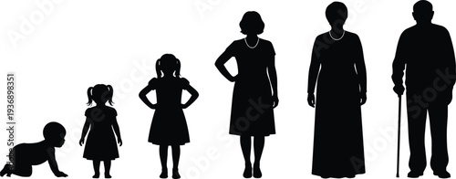 Human life stages silhouette set showing baby child teenager adult woman and elderly man with walking stick representing aging growth and life cycle concept
