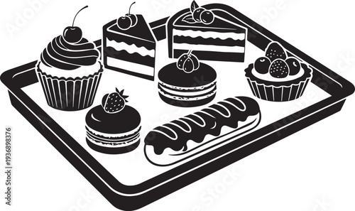 A tray displays a variety of pastries. The tray contains a slice of cake, a cupcake, a layered cake, macarons, a cream puff, a croissant, and several berry-topped desserts.
