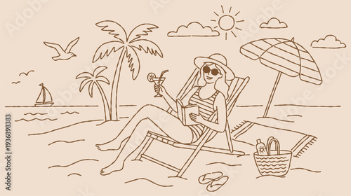 Linear drawing shows a girl reading a book with a cocktail, sunglasses, hat, sun umbrella. Carefree woman enjoys a summer beach vacation holiday in this minimalist  vector outline illustration