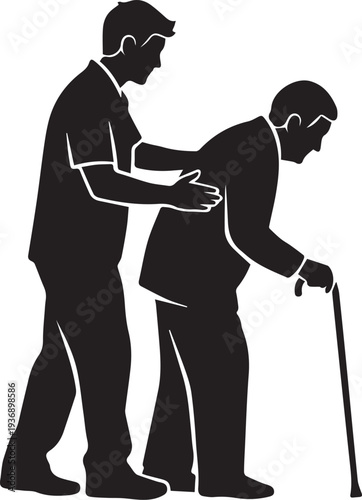 Black silhouette of a man helping another man with a cane