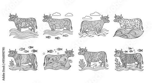 Intricate cow patterns with waves fish and foliage in a seamless design
