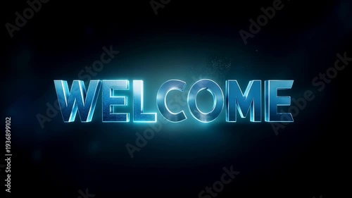 Neon glowing welcome sign text in dark blue futuristic light with soft smoke and luminous glow background. Concept of greeting invitation and modern digital banner