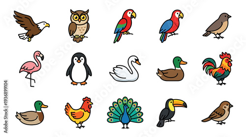 A colorful set of icon illustrations featuring various birds on a white background.