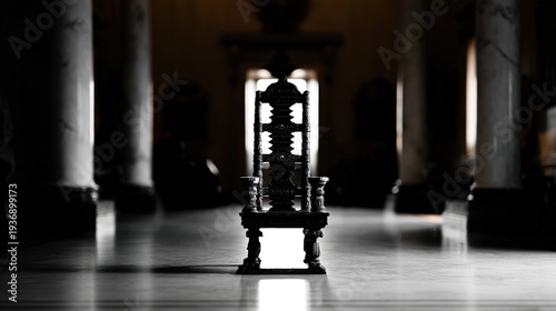 throne. Empty ornate throne in grand hall with soft side lighting and shallow depth of field. real-estate listings.
