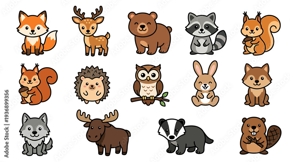 Fototapeta premium A forest icon set featuring various cartoon animals and creatures in a simple illustration style