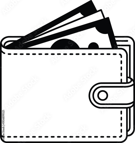 A simple line drawing of a wallet with cash and cards sticking out.