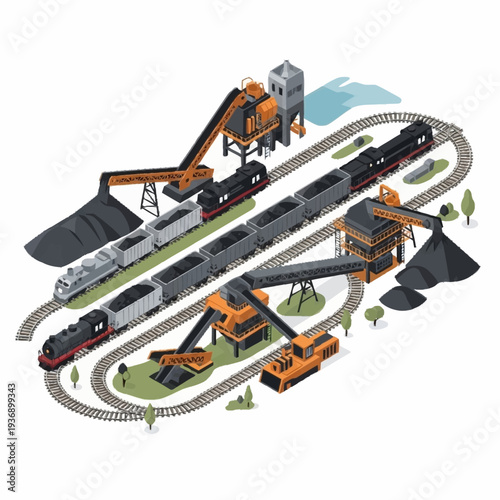 Isometric Coal Mining and Transportation System with Trains and Industrial Equipment.