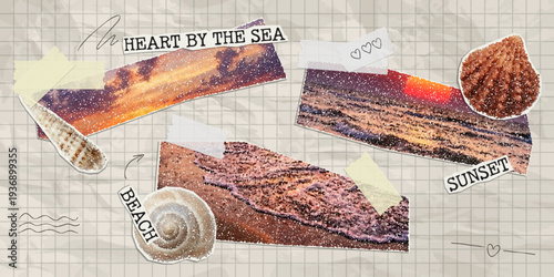 Trendy paper cutout collage summer elements. Clippings of sea, beach, sun and sky.  Halftone style stickers with doodles. Modern collage template.