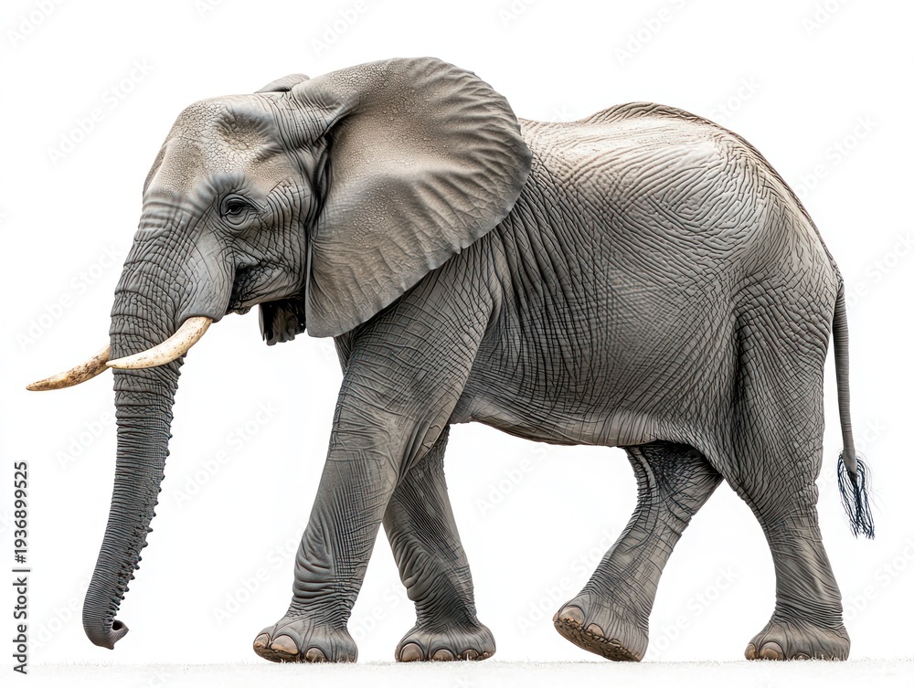 Obraz premium Majestic gray elephant, seen in profile, walking against a stark white background