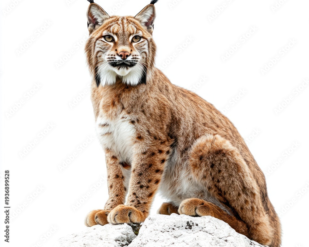 Fototapeta premium Lynx on rock, light brown coat, spotted fur, watchful gaze, on white background