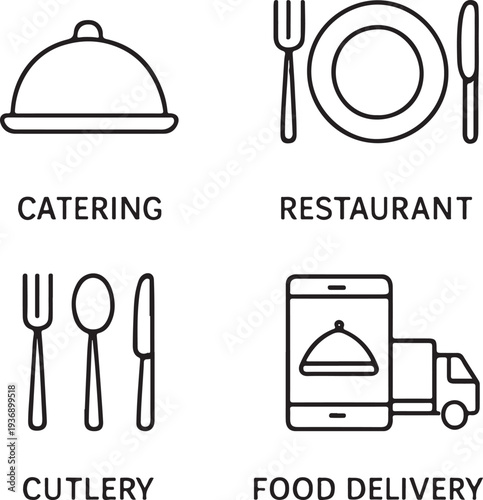 Catering icon set vector. Catering service, food, delivery of ready meals, guest service, menu for event, banquet vector