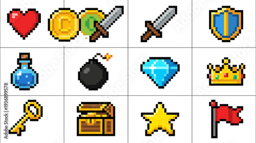 A set of icon pixel art symbols including a heart, sword, shield, and treasure chest in a grid.