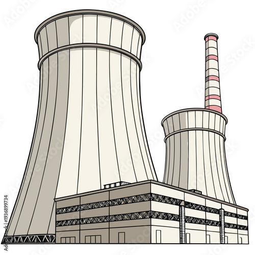 Cooling towers and industrial building with smokestack