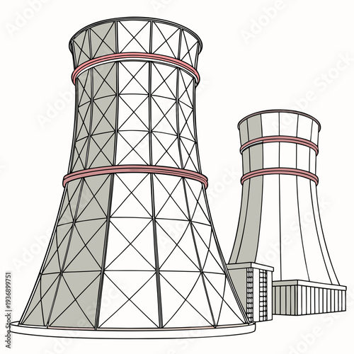 Cooling towers with red bands and geometric pattern