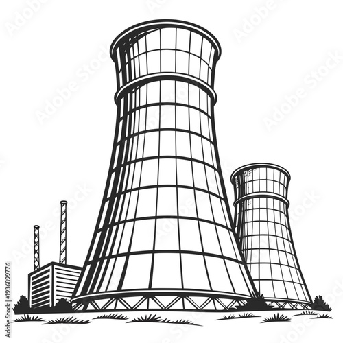 Cooling towers industrial plant black and white industrial buildings