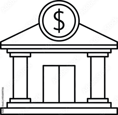 A simple line drawing of a bank building with a dollar sign on top.