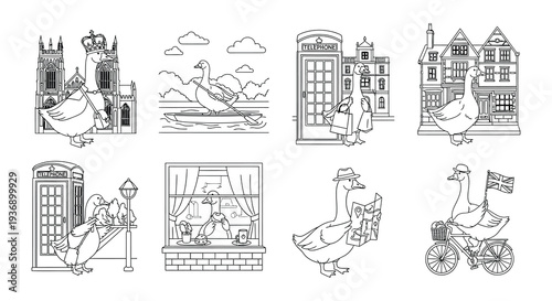 A collection of whimsical line drawings featuring geese and british landmarks