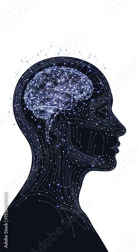 A dark silhouetted human head in left profile is filled with a glowing blue interconnected network representing a brain and circuits.