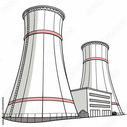 Nuclear power plant cooling towers with red bands industrial
