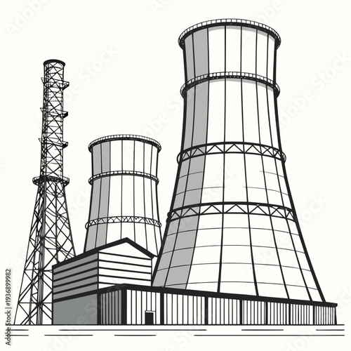 Nuclear power plant with cooling towers and transmission tower 1
