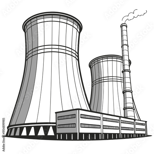Nuclear power plant with cooling towers and smokestack 3