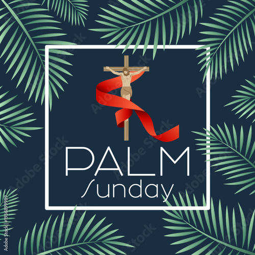 Palm Sunday Church Poster with Crucifix, Red Ribbon, and Tropical Palm Leaves Frame