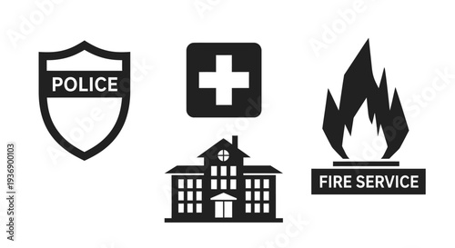 Essential public service icons for police, healthcare, school, and fire department