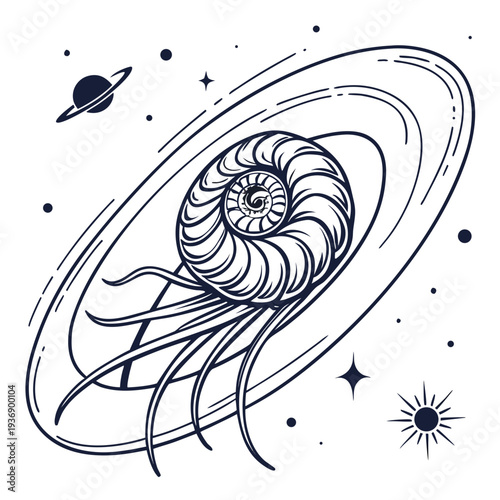Cosmic nautilus shell in space with planets and stars