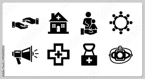 Group of healthcare and community service icons representing support and well-being in society
