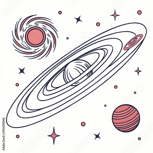 Of saturn planet with rings and moons in space