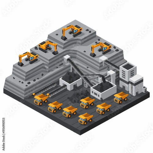 Isometric Coal Mining Operation with Excavators and Trucks.