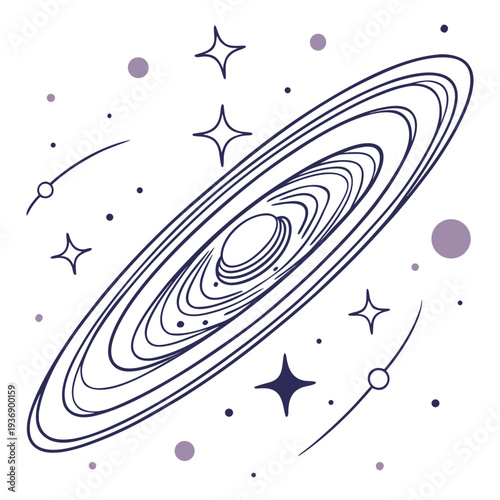 Purple line of a ringed planet with stars and planets