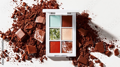 A makeup palette featuring six colorful eyeshadows, surrounded by chocolate and cocoa powder
